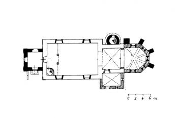 půdorys kostela ( © K. Cirglová podle J. Muka (in Kateřina Cirglová: Kostel sv. Vavřince ve Velimi, Památky středních Čech 12/1, Památkový ústav středních Čech, Praha 1998))