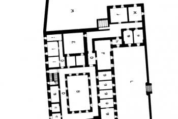 schematický půdorys kláštera ( © Josef Vítězslav Šimák: Soupis památek historických a uměleckých v Království Českém, sv. 32 Politický okres turnovský, Archaelogická komise při České akademii císaře Františka Josefa pro vědy, slovesnost a umění, Praha 1909)