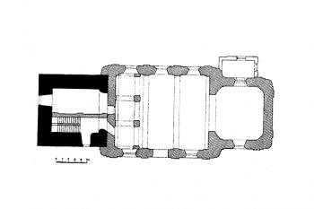 půdorys kostela ( © Josef Vítězslav Šimák: Soupis památek historických a uměleckých v Království Českém, sv. 32 Politický okres turnovský, Archaelogická komise při České akademii císaře Františka Josefa pro vědy, slovesnost a umění, Praha 1909)