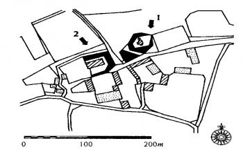 Výřez z katastrální mapy vsi z r. 1841 ( © Kol.: Encyklopedie českých tvrzí, I. díl, Argo, Praha 2005)
