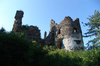 Jádro hradu se zbytkem paláce a okrouhlé bašty ( © Roman Řezáč 08/2005)