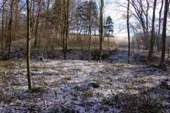 Pohled z jádra na příkop a na stoupající planinu ( © Roman Řezáč 12/2005)