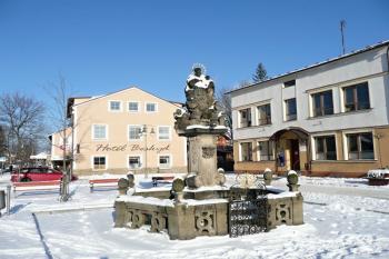 celkový pohled na frýdlantské náměstí s dominantou sochy Panny marie a objektem bývalé rychty (fojtství) v pozadí ( © Jan P. Štěpánek 01/2011)