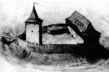 Pokus o rekonstrukci hradu ve 13. století ( © František Záruba in Castellologica Bohemica č. 10, AÚ AVČR, Praha 2006)