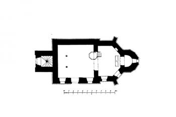 půdorys kostela ( © Antonín Cechner: Soupis památek historických a uměleckých v Království Českém, sv. 31 Politický okres novopacký, Archaelogická komise při České akademii císaře Františka Josefa pro vědy, slovesnost a umění, Praha 1909)