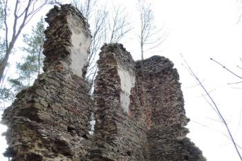 Část paláce, která se nezřítila, z načervenalého kamene, v patře zbytky omítky a snad i roubené komory, v přízemí vypadaný líc (© Jan Večeřa, 02/2016)