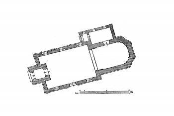 půdorys kostela ( © Antonín Podlaha: Soupis památek historických a uměleckých v Království Českém, sv. 13 Politický okres příbramský, Archaelogická komise při České akademii císaře Františka Josefa pro vědy, slovesnost a umění, Praha 1901)