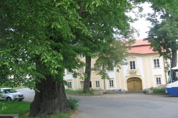 pohled na hlavní průčelí zámku z návsi, vlevo skupina dvou malolistých lip  (© Jaroslav Špiroch, 05/2018)