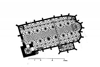 půdorys kostela (stav před novogotickými úpravami) (© Steche, Richard: Beschreibende Darstellung der älteren Bau- und Kunstdenkmäler des Königreichs Sachsen, C. C. Meinhold & Sohne, Dresden 1882)