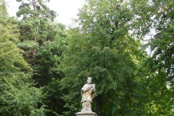 celkový pohled na sochu sv. Jana Nepomuckého mezi staletými lípami ( © Jan P. Štěpánek 09/2008)