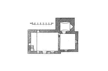 půdorys kostela ( © Antonín Podlaha: Soupis památek historických a uměleckých v Království Českém, sv. 37 Politický okres kralovický, Archaelogická komise při České akademii císaře Františka Josefa pro vědy, slovesnost a umění, Praha 1912)