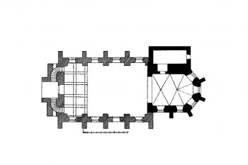 půdorys kostela ( © Josef Vítězslav Šimák: Soupis památek historických a uměleckých v Království Českém, sv. 32 Politický okres turnovský, Archaelogická komise při České akademii císaře Františka Josefa pro vědy, slovesnost a umění, Praha 1909)