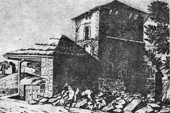 gotická věž a vstup do klasicistního sklepa od západu ( © rytina E. Schössiga podle kresby C. Brantla, 1846 (in M. Rykl: Stavební vývoj tvrze Velké Horky, Památky středních Čech 5, Památkový ústav Středních Čech, Praha 1991))