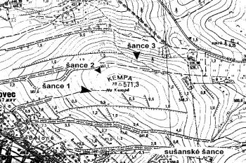 Celková situace vrcholu Kempa a jeho okolí (© Šlechtická sídla na Frýdecko - Místecku (J. Tichánek a kolektiv, 2006))