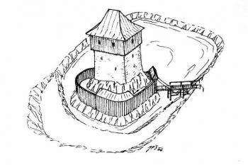 Hypotetická podoba středověké vodní tvrze ve Staré Bělé ( © Jan P. Štěpánek 04/2006)
