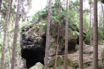Skalní útvar s pozůstatky hrádku ze svahu ke Svitavce ( © Filip Matoušek 04/2003)