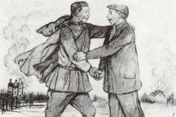 První uvítání Rudé armády při osvobozování Šenova 2.května 1945 předsedou MNV s. Tvrdým (kresba V.Wunscheho) ( © Ludvík Tvrdý, 700 let Šenova (Místní národní výbor v Šenově u Ostravy 1986))