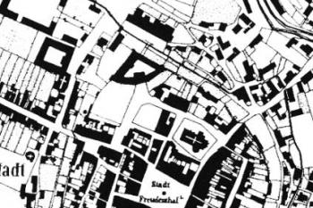 půdorys historického jádra Bruntálu na mapě stabilního katastru z r. 1836 ( © Města a městečka v Čechách na Moravě a ve Slezsku (K. Kuča))