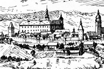 rekonstrukce podoby bruntálského zámku, kostela a hradeb dle prospektu Bruntálu z pol. 18. století od F. B: Wernera ( © R. Vojkovský: Putujeme po hradech a zámcích - Bruntál, Beatris, Dobrá 2004)