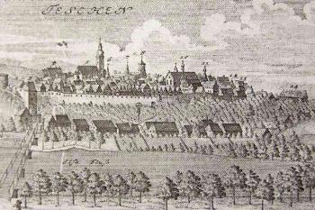 Panorama Těšína na vedutě F. B. Wernera z roku 1735 ( © Scenographia Urbium Silesiae)