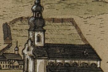 kostel na výřezu z perspektivního pohledu z roku 1750 (© Makowski, Mariusz: Šlechtická sídla na Těšínském Slezsku = Szlacheckie siedziby na Śląsku Cieszyńskim,  Regio, Český Těšín 2005)