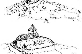 rekonstrukce hradu (© M. Plaček podle A. Fialy a A. Vallaška (in M. Plaček, M. Bóna: Encyklopedie slovenských hradů, Libri, Praha 2007))