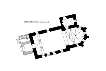 půdorys kostela ( © Jan Sommer a Kristina Uhlíková (ed.): Fontes historiae artium XIV: Soupis památek historických a uměleckých v politickém okresu ledečském. Edice nedokončeného rukopisu, Artefactum, Praha 2010)