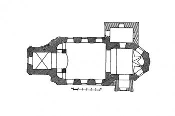 půdorys kostela (© Antonín Podlaha: Soupis památek historických a uměleckých v Království Českém, sv. 09 Politický okres Rokycanský, Archaelogická komise při České akademii císaře Františka Josefa pro vědy, slovesnost a umění, Praha 1900)