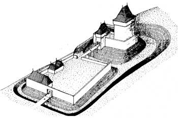 pokus o rekonstrukci hradu ( © L. Wettengl: Hrad Křečov na Podbořansku (in Hláska 1993/IV, č. 4, Klub Augusta Sedláčka, Plzeň 1993))