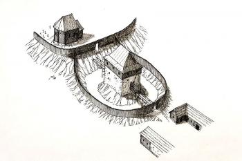 Hypotetický pohled na soubor tvrze, kostela a bývalého dvora ( © Jan P. Štěpánek 09/2006)