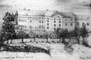 Spálovský zámek na kresbě  Jiřího Wallnera, c.k. hektmana císařských myslivců, z roku 1832 ( © Šlechtická sídla na Novojičínsku (J. Tichánek a Z. Šerý, Butterfly, Opava  2003))