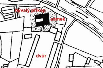 Situace zámku a dvora dle mapy stabilního katastru ze 30. let. 19. století (© Šlechtická sídla na Novojičínsku (J. Tichánek a kol., 2003))