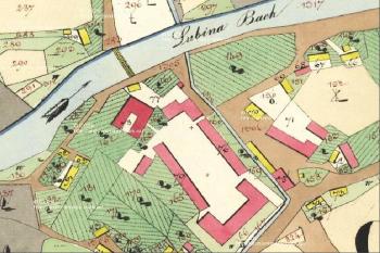 vyznačení zámku a příslušejícího dvora na císařském otisku mapy stabilního katastru z roku 1833 ( © Český úřad zeměměřický a katastrální )