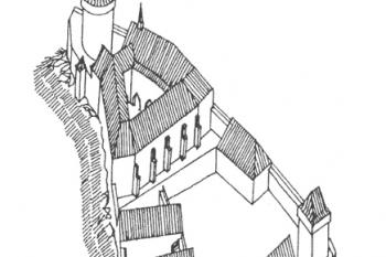 Hmotová rekonstrukce stavu hradu v 80. letech 13. století (© T. Durdík: Ilustrovaná encyklopedie českých hradů - Dodatky 1, Libri, Praha 2002)
