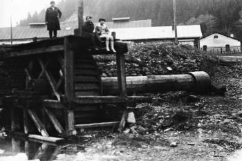 Pozůstatky dřevěných vantroků a vodního kola pro pohon zastavených železárenských provozů, v pozadí budovy vlastní huti. Rok 1929 (© SOkA F-M, F130/056)