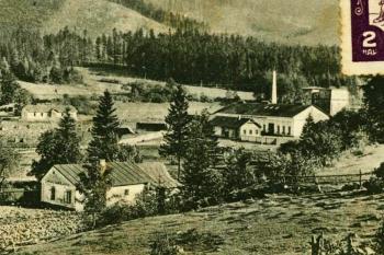 Výřez z pohlednice zachycující celkový areál hutí na Čeladné. Pohled od západu ze svahu Kozince. Přibližně rok 1910 až 1918.  (© SOkA F-M, ND1-s028-F1)