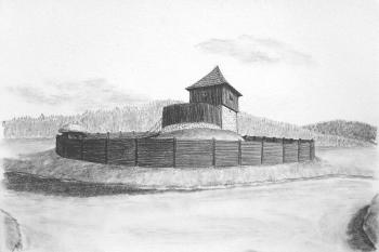 Hypotetický pohled na možnou podobu tvrze od severu dle J. P. Štěpánka (© Jan P. Štěpánek 2006)