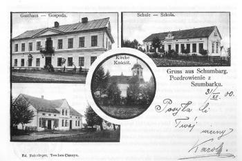 Dobová pohlednice ze Šumbarku, z roku 1900 (uprostřed kostel sv. Anny) (© archiv Muzea Těšínska)
