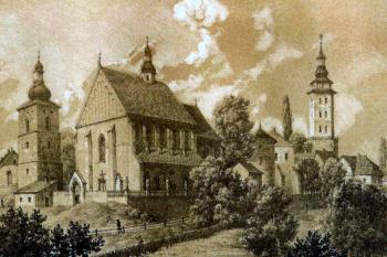 kostel od jihozápadu na kresbě Napoleona Ordy (© Orda, Napoleon. Napaleon Orda: z fondaŭ Nacyjanal'naj bìblìjatekì Belarusì, Mìnsk: Belarus', 2006)