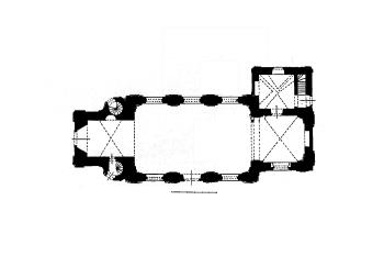půdorys kostela ( © Josef Vítězslav Šimák: Soupis památek historických a uměleckých v Království Českém, sv. 46 Politický okres mnichovohradišťský, Archaelogická komise při České akademii věd a umění, , Praha 1930)