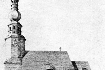 kostel před přestavbou ( © Kühn, Karl F.: Topographie der historischen und Kunstgeschichtlichen Denkmale in der Tschechoslowakischen Republik, A. Land Böhmen, LI. Der Bezirk Reichenberg, R.M. Rohrer Verlag, Brünn - Prag - Leipzig - Wien 1934)