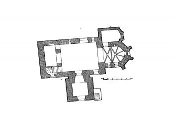 půdorys kostela ( © Antonín Podlaha: Soupis památek historických a uměleckých v Království Českém, sv. 24 Politický okres českobrodský, Archaelogická komise při České akademii císaře Františka Josefa pro vědy, slovesnost a umění, Praha 1907)