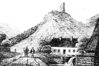 pohled na hrad z údolí v 19. století ( © kresba publikovaná v časopise Przyjaciel Ludu, 1837, č. 42)