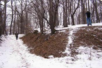 Sporná lokalita dle E. Domluvila:  vlevo úvozová cesta považovaná za příkop, vpravo plošina považovaná za jádro lokality ( © Jan P. Štěpánek 04/2006)