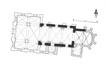 Půdorys kostela (Samek B., Umělecké památky Moravy a Slezska 2, [J/N], Academia, 1999, str. 609, obr. 279)