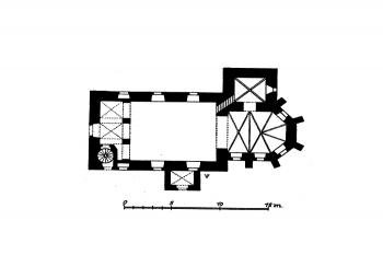 půdorys kostela ( © Ferdinand Velc: Soupis památek historických a uměleckých v Království Českém, sv. 20 Politický okres slanský, Archaelogická komise při České akademii císaře Františka Josefa pro vědy, slovesnost a umění, Praha 1904)
