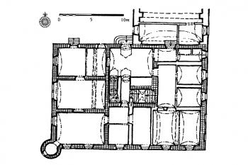 Skica půdorysu (Kolektiv autorů, Encyklopedie českých tvrzí, 1. díl, [A-J], Argo, 1997, str. 52)