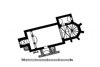 půdorys kostela (© František Bareš: Soupis památek historických a uměleckých v Království Českém, sv. 21 Politický okres mladoboleslavský, Archaelogická komise při České akademii císaře Františka Josefa pro vědy, slovesnost a umění, Praha 1905)