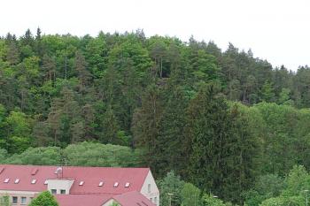 Pohled na skálu s hrádkem od Velkopolského mlýna ( © Roman Řezáč 05/2006)