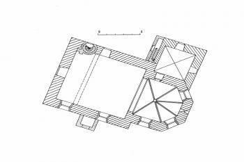 půdorys kostela (© Pavel Kroupa: Velhartická stavební huť ve středověku a její okruh (in: Minulostí západočeského kraje XXVII, Západočeské nakladatelství, Plzeň 1991) )